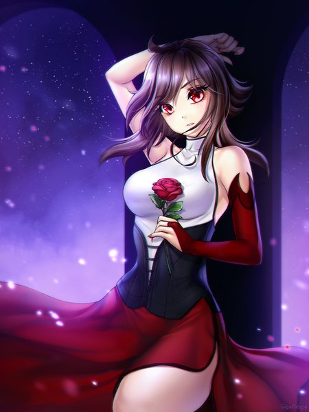 Anime picture 750x1000 with original gigamessy single long hair tall image looking at viewer blush fringe red eyes brown hair bare shoulders holding signed ahoge parted lips head tilt arm up wind night night sky
