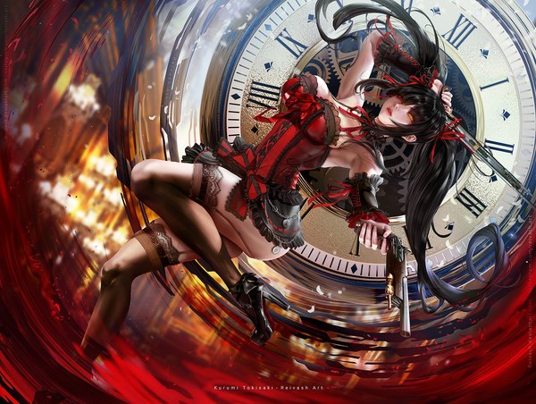 Anime picture 1800x1356 with date a live tokisaki kurumi javier estrada single looking at viewer fringe highres breasts open mouth light erotic black hair red eyes large breasts standing twintails bare shoulders holding cleavage full body bent knee (knees)