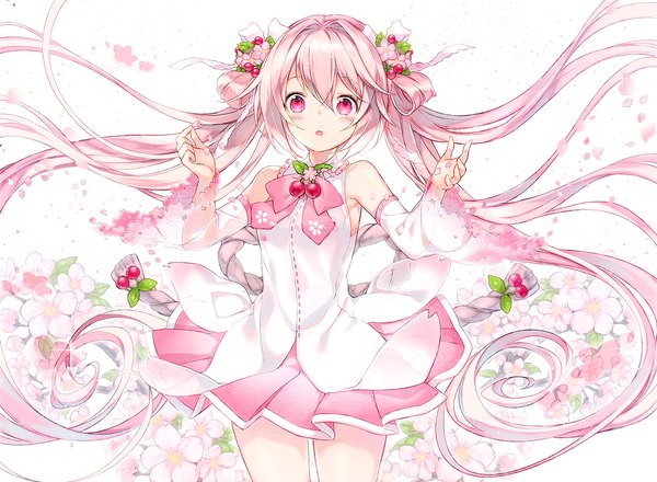Anime picture 1364x1000 with vocaloid hatsune miku sakura miku juna single blush fringe hair between eyes twintails pink hair very long hair pleated skirt pink eyes :o floating hair cherry blossoms spread arms girl skirt detached sleeves
