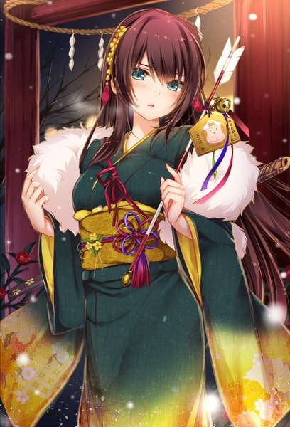 Anime picture 817x1200 with flower knight girl yamabuki (flower knight girl) moneti (daifuku) single long hair tall image looking at viewer blush open mouth blue eyes brown hair traditional clothes japanese clothes fur trim snowing exhalation girl flower (flowers) kimono fur
