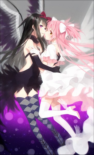 Anime picture 850x1401 with mahou shoujo madoka magica shaft (studio) akemi homura kaname madoka goddess madoka akuma homura hakusai (tiahszld) long hair tall image blush black hair purple eyes twintails multiple girls yellow eyes pink hair hug short twintails shoujo ai angel wings