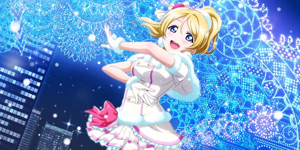Anime picture 1800x900 with love live! school idol project love live! school idol festival love live! school idol festival all stars sunrise (studio) love live! ayase eli single looking at viewer blush highres short hair open mouth blue eyes blonde hair smile wide image standing outdoors ponytail :d