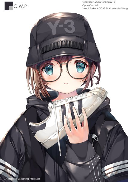 Anime picture 1447x2047 with original adidas y-3 shimesaba kohada single tall image looking at viewer blush short hair simple background brown hair white background holding upper body aqua eyes light smile shoes removed fashion girl hat