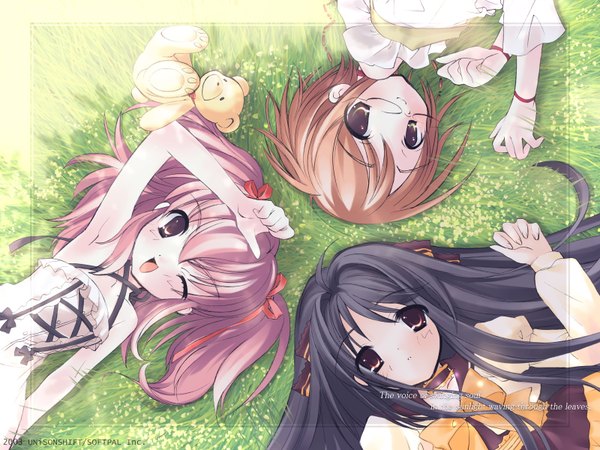 Anime picture 1600x1200 with komorebi ni yureru tamashii no koe sui (komorebi) kouenji ayana tachibana koharu itou noiji long hair blush short hair open mouth black hair brown hair multiple girls brown eyes green eyes pink hair lying one eye closed pink eyes wink group