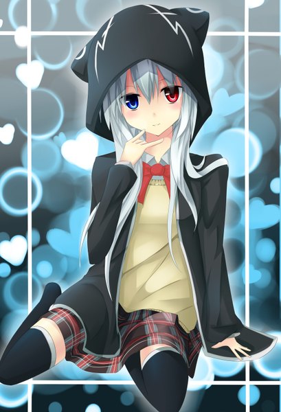 Anime picture 2112x3096 with original makadamia single long hair tall image looking at viewer highres white hair open clothes open jacket heterochromia girl thighhighs skirt uniform black thighhighs school uniform miniskirt hood sweater