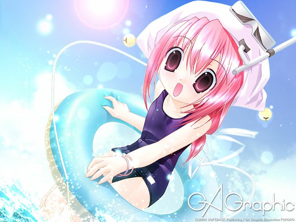 Anime picture 1024x768 with gagraphic tororo single long hair looking at viewer fringe open mouth hair between eyes pink hair sky pink eyes sunlight loli copyright name girl swimsuit bracelet bell one-piece swimsuit jingle bell