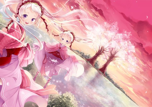 Anime picture 1500x1058 with original miyabi akino long hair looking at viewer blush blonde hair smile twintails purple eyes multiple girls sky cloud (clouds) japanese clothes wind cherry blossoms girl 2 girls plant (plants) tree (trees) water