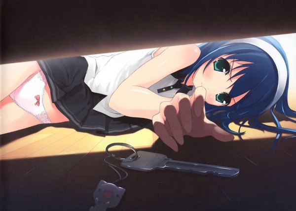 Anime picture 3575x2553 with kantoku single long hair looking at viewer blush highres blue eyes light erotic bare shoulders blue hair sunlight on side girl skirt hair ornament underwear panties shirt hairband bow panties