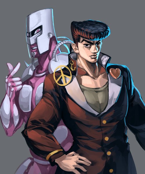 Anime picture 1500x1800 with jojo no kimyou na bouken higashikata jousuke crazy diamond ruukii drift tall image looking at viewer black hair simple background purple eyes black eyes grey background hand on hip pompadour peace symbol boy heart