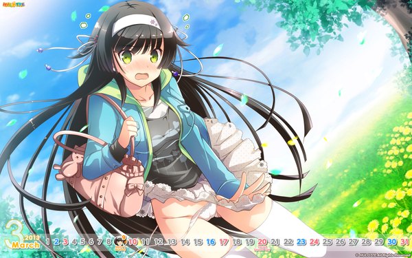 Anime picture 1920x1200 with imouto no okage de mote sugite yabai toshima maina ikegami akane single long hair blush highres open mouth light erotic black hair wide image green eyes wind skirt lift calendar 2013 girl thighhighs underwear panties white thighhighs