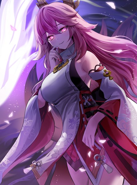 Anime picture 1986x2675 with genshin impact yae miko yuki (asayuki101) single long hair tall image looking at viewer fringe highres smile hair between eyes standing bare shoulders pink hair nail polish traditional clothes japanese clothes pink eyes wide sleeves floral print