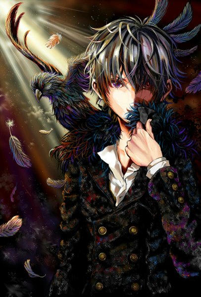 Anime picture 867x1280 with original woiow1 tall image looking at viewer short hair black hair red eyes standing sitting purple eyes light open collar multicolored eyes sitting on person boy animal bird (birds) fur feather (feathers) buttons