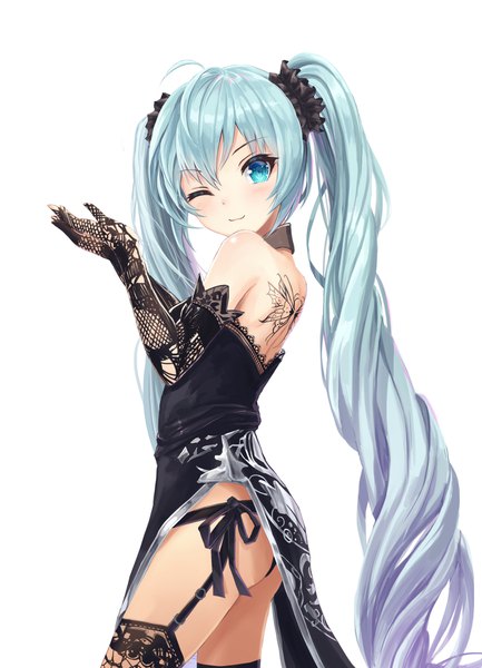 Anime picture 1300x1800 with vocaloid hatsune miku lunacle single tall image looking at viewer blush fringe light erotic simple background smile white background twintails bare shoulders payot ahoge ass very long hair one eye closed looking back