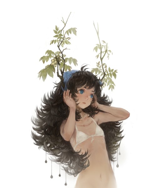 Anime picture 1024x1160 with original neptune (artist) single long hair tall image blue eyes black hair white background horn (horns) girl boy plant (plants) bikini top