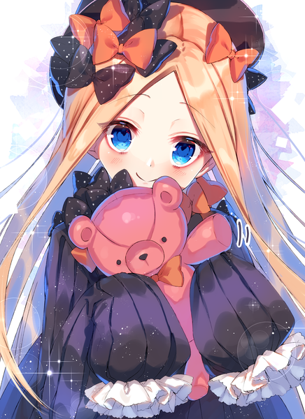 Anime picture 2894x3981 with fate (series) fate/grand order abigail williams (fate) tyanotya single long hair tall image looking at viewer blush highres blue eyes blonde hair smile upper body long sleeves head tilt sparkle girl bow hair bow