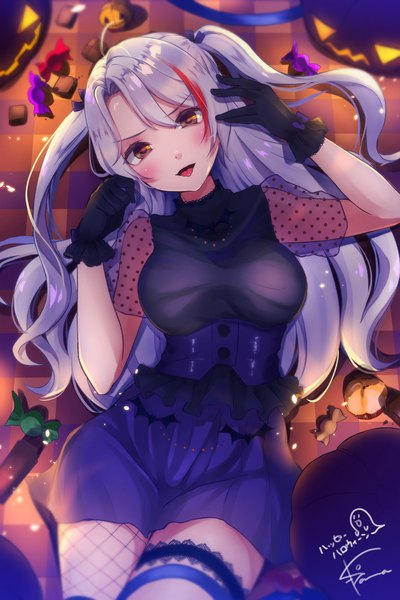 Anime picture 667x1000 with azur lane prinz eugen (azur lane) kodama (koda mat) single long hair tall image looking at viewer blush fringe breasts open mouth large breasts brown eyes signed payot silver hair ahoge lying multicolored hair from above