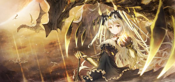 Anime picture 5262x2480 with original tsumi no hahen (debris) bae.c single long hair looking at viewer fringe highres blonde hair smile hair between eyes wide image standing holding yellow eyes looking away absurdres horn (horns) outstretched arm facial mark