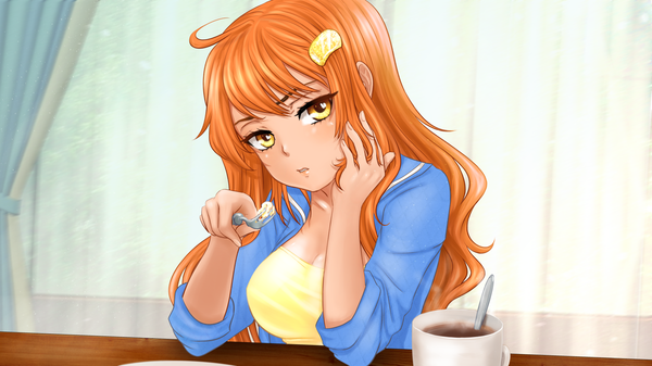 Anime picture 1920x1080 with my lovely sister (eroge) olia (my lovely sister) orika nekoi single long hair looking at viewer blush fringe highres breasts wide image yellow eyes orange hair girl hair ornament hairclip cup clothes teacup fork