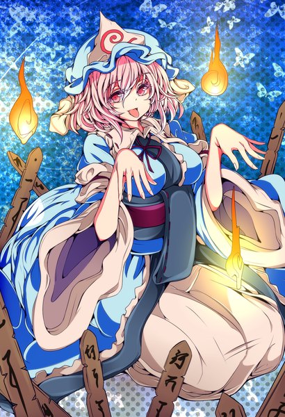 Anime picture 1500x2192 with touhou saigyouji yuyuko baba (baba seimaijo) single tall image looking at viewer short hair sitting pink hair pink eyes girl tongue insect butterfly bonnet flame