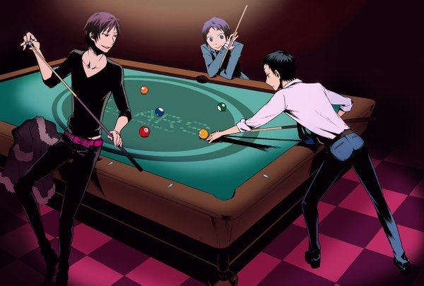 Anime picture 1214x821 with durarara!! brains base (studio) orihara izaya ryuugamine mikado black hair group billiards boy cue stick pool table cue ball