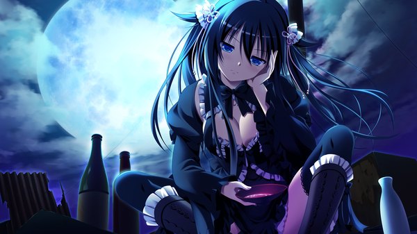 Anime picture 2560x1440 with gensou no idea shinomori rinon makita maki single long hair looking at viewer highres blue eyes wide image sitting game cg sky cleavage cloud (clouds) spread legs night sky girl thighhighs hair ornament ribbon (ribbons)