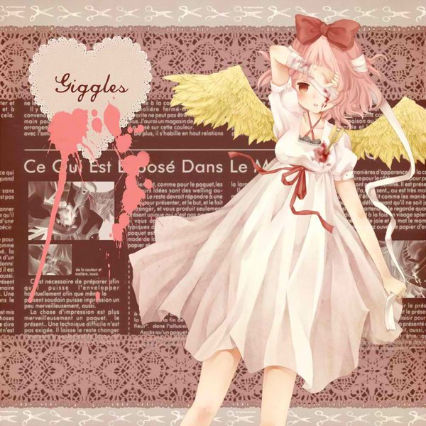 Anime picture 1000x1000 with happy tree friends giggles single highres short hair open mouth pink hair pink eyes personification girl dress bow hair bow wings heart white dress blood bandage (bandages)