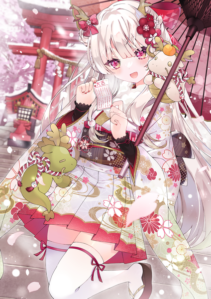 Anime picture 1163x1644 with original aoi yugina single long hair tall image looking at viewer open mouth standing outdoors white hair nail polish traditional clothes head tilt :d japanese clothes pink eyes horn (horns) standing on one leg new year fantasy