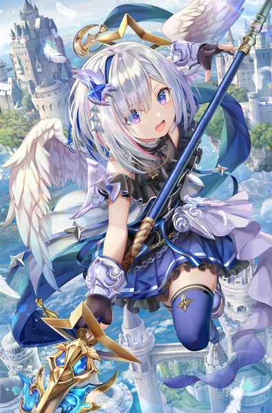 Anime picture 1200x1820 with virtual youtuber hololive amane kanata amane kanata (3rd costume) torino aqua single tall image fringe short hair open mouth purple eyes holding looking away sky silver hair cloud (clouds) full body bent knee (knees) outdoors :d