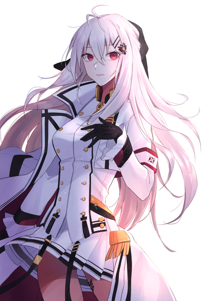 Anime-Bild 1213x1783 mit girls frontline iws-2000 (girls frontline) qb 516 single long hair tall image looking at viewer blush fringe breasts simple background hair between eyes red eyes standing white background ahoge white hair pleated skirt double buttons girl
