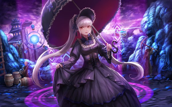 Anime picture 2675x1667 with dungeon and fighter silver luster tagore lunacle long hair blush fringe highres open mouth black hair smile red eyes wide image standing twintails multiple girls holding payot sky silver hair cloud (clouds)