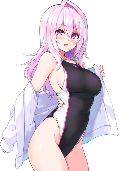 Anime picture 708x1000 with cu-no yayoi sakura hisenkaede single long hair tall image looking at viewer blush fringe breasts open mouth light erotic simple background hair between eyes standing white background purple eyes bare shoulders pink hair off shoulder
