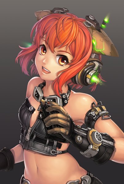 Anime picture 696x1036 with original jak tall image short hair open mouth light erotic simple background orange hair grey background orange eyes girl gloves navel hair ornament headphones