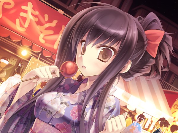 Anime picture 1024x768 with nadeshiko drip takachiho yuki long hair open mouth black hair brown eyes game cg japanese clothes solo focus festival girl bow hair bow food kimono candy apple