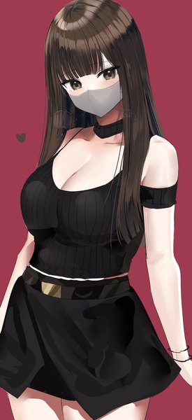Anime picture 1256x2744 with original hanasaka houcha single long hair tall image looking at viewer blush fringe breasts simple background brown hair standing bare shoulders brown eyes cleavage blunt bangs red background girl skirt choker