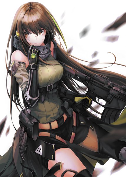 Anime picture 1819x2551 with girls frontline m4a1 (girls frontline) csc00014 single long hair tall image fringe highres simple background hair between eyes brown hair standing white background holding brown eyes looking away multicolored hair two-tone hair streaked hair injury