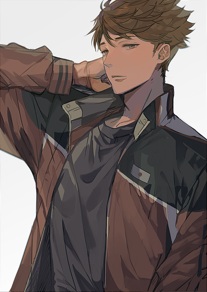 Anime picture 638x900 with haikyuu!! production i.g ooikawa tooru dal (edalnem) single tall image looking at viewer short hair simple background brown hair brown eyes upper body open jacket boy uniform jacket gym uniform