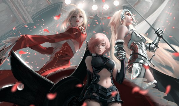 Anime picture 7708x4584 with fate (series) fate/grand order fate/apocrypha fate/extra jeanne d'arc (fate) (all) mash kyrielight nero claudius (fate) jeanne d'arc (fate) nero claudius (fate/extra) wlop fringe highres short hair breasts blonde hair wide image standing bare shoulders multiple girls holding
