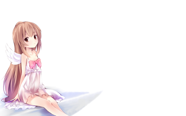 Anime picture 1280x800 with toradora j.c. staff aisaka taiga kyuri single long hair looking at viewer blush breasts brown hair white background sitting brown eyes flat chest angel wings arched back girl dress bow wings