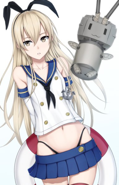 Anime picture 900x1400 with kantai collection shimakaze destroyer rensouhou-chan heisei yutorin single long hair tall image looking at viewer simple background blonde hair white background brown eyes girl gloves navel bow hair bow miniskirt elbow gloves sailor suit