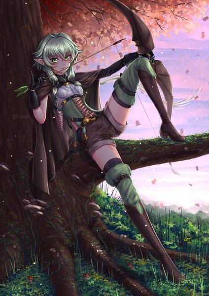 Anime picture 1240x1754 with goblin slayer! high elf archer (goblin slayer!) adsouto single long hair tall image looking at viewer blush fringe hair between eyes holding green eyes signed payot full body bent knee (knees) green hair pointy ears elf lacing