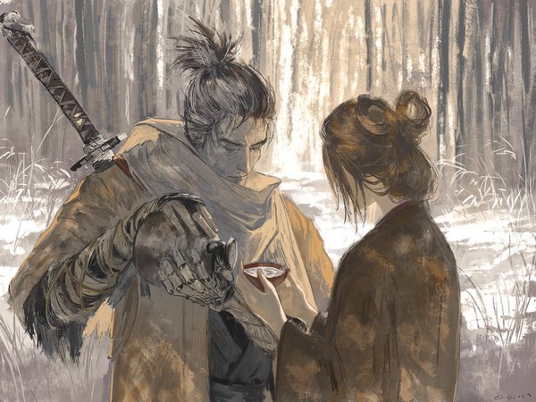 Anime picture 2048x1536 with sekiro: shadows die twice from software sekiro emma the gentle blade fune (nkjrs12) highres short hair black hair holding upper body outdoors ponytail eyes closed hair bun (hair buns) girl boy weapon sword katana alcohol