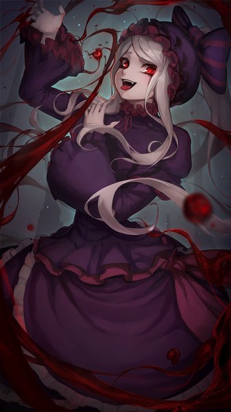 Anime picture 907x1613 with overlord (maruyama) madhouse shalltear bloodfallen ola (bunnyfly) single long hair tall image looking at viewer fringe open mouth red eyes standing silver hair arm up wide sleeves fang (fangs) vampire girl dress hat