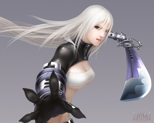 Anime picture 1280x1024 with anima celia (anima) wen-m single long hair simple background green eyes white hair realistic piercing fighting stance foreshortening girl navel weapon sword gauntlets