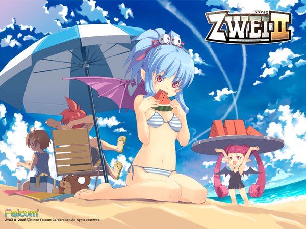 Anime picture 1600x1200 with zwei ii falcom (studio) alwen du moonbria ragna valentine long hair blush short hair open mouth brown hair sitting twintails multiple girls blue hair pink hair sky cloud (clouds) ponytail red hair pink eyes pointy ears
