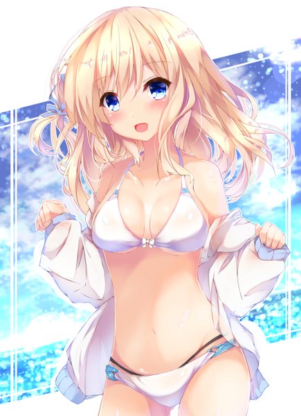 Anime picture 1087x1500 with original fuuna single long hair tall image looking at viewer blush fringe breasts open mouth blue eyes light erotic blonde hair smile hair between eyes standing bare shoulders payot sky cloud (clouds)