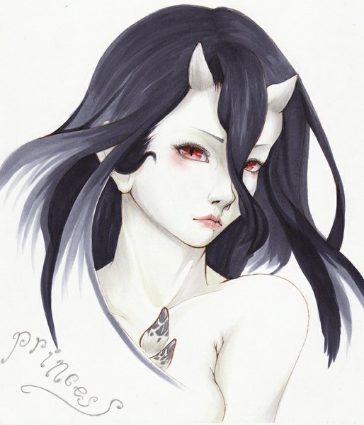 Anime picture 775x905 with kantai collection battleship-symbiotic hime ko (kichidere) single long hair tall image looking at viewer fringe black hair simple background hair between eyes red eyes white background bare shoulders head tilt horn (horns) lips inscription portrait pale skin