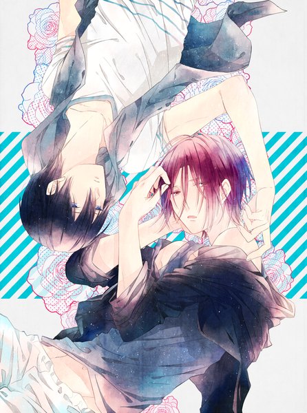 Anime picture 750x1008 with free! kyoto animation matsuoka rin nanase haruka (free!) washi (micino) tall image looking at viewer short hair open mouth blue eyes black hair bare shoulders pink hair pink eyes multiple boys shounen ai upside down rotational symmetry boy 2 boys