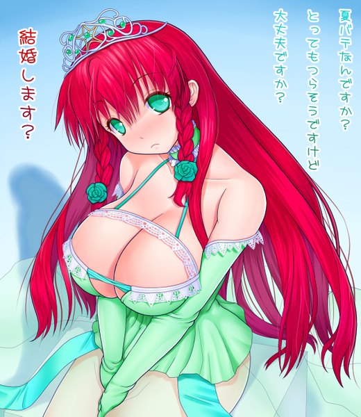Anime picture 1200x1383 with touhou hong meiling asamura hiori long hair tall image blush breasts light erotic large breasts green eyes red hair braid (braids) twin braids girl dress gloves elbow gloves tiara