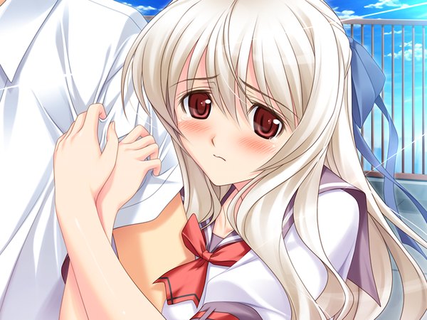 Anime picture 1024x768 with saimin seikatsu hiakari haruka long hair blush red eyes game cg white hair tears girl serafuku