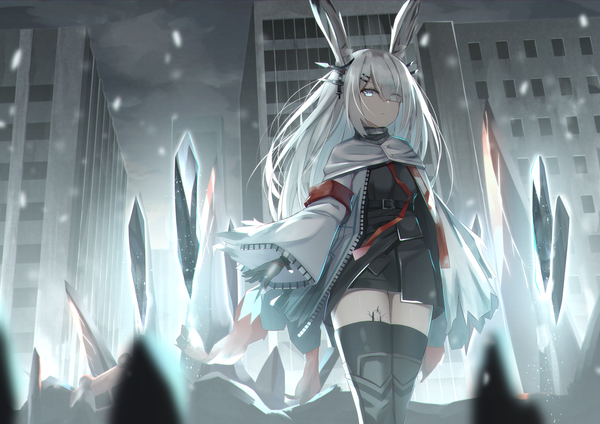 Anime picture 2339x1654 with arknights frostnova (arknights) f (milfaaaaa) single long hair fringe highres standing animal ears payot sky silver hair cloud (clouds) outdoors long sleeves hair over one eye wide sleeves open jacket from below bunny ears